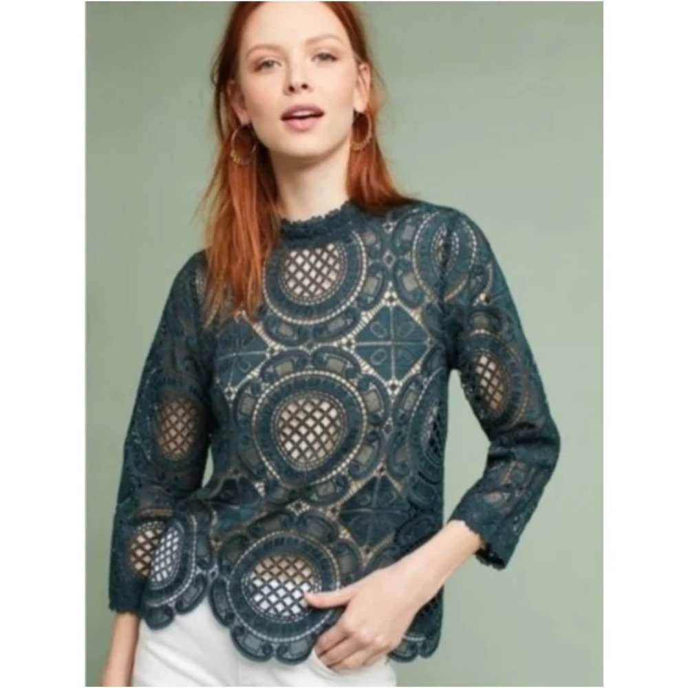 Antropologie James Coviello New York Lace Blouse Top Green Button Up Elegant XL